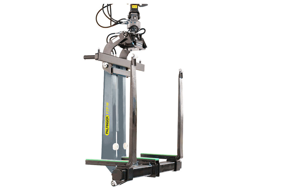 PALFINGER PZP-W rotating fork positioner attachment for loader cranes, shown as a standalone unit on a white background, featuring two adjustable forks with green tips, a vertical mast, hydraulic rotator unit on top, and control hoses.