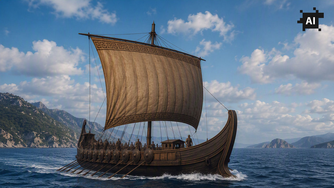 AI-generated illustration of an ancient sailing ship inspired by Homer’s Odyssey crossing the Mediterranean Sea. The vessel, featuring a large square sail, travels across calm waters against a backdrop of rugged coastal mountains. An AI icon in the upper-right corner identifies the image as AI-generated.
