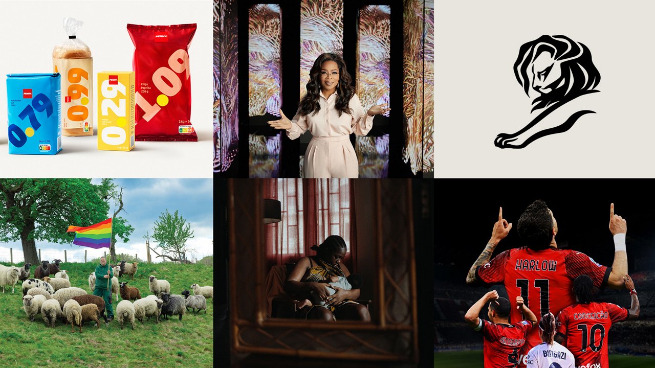 Collage of six diverse visuals: Discount products with large price tags, a woman in front of a digital art installation, the Cannes Lions logo, a herd of sheep with a rainbow flag, a mother holding a baby indoors, and cheering football players seen from behind.