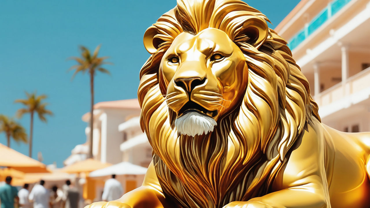 Close-up of a golden lion sculpture with a flowing mane, set in a sunny hotel complex with palm trees. People stroll in the background among white buildings and sunshades.