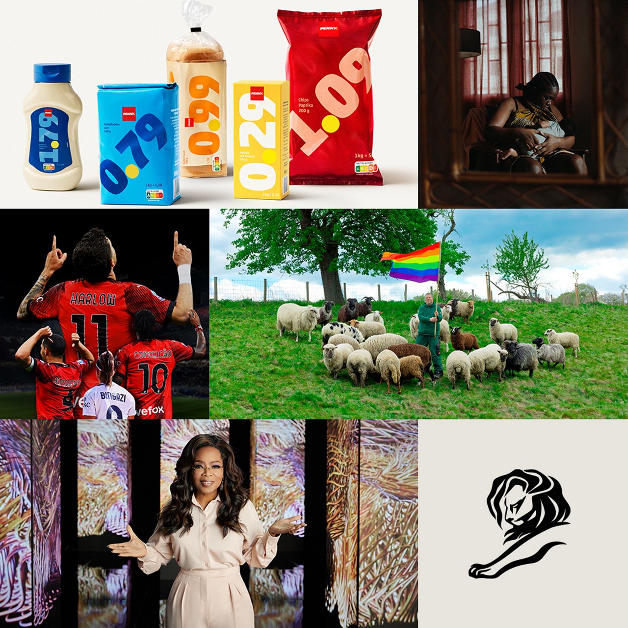 Collage aus sechs verschiedenen Bildern: Discount-Produkte mit Preisaufschrift, eine Frau vor digitaler Installation, das Cannes-Löwe-Logo, ein Schafherde mit Regenbogenflagge, eine Mutter mit Baby in Innenraum und jubelnde Fußballspieler mit Rückennummern.