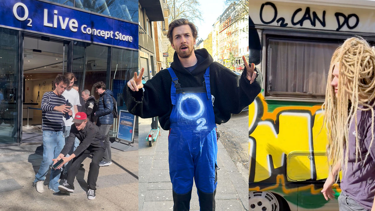 Drei Szenen zeigen junge Menschen in urbaner Umgebung, die sich kreativ und ausgelassen mit dem O₂-Branding auseinandersetzen – von Streetwear bis Streetart.