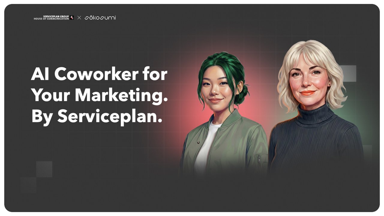 Key Visual mit der Headline „AI Coworker for Your Marketing. By Serviceplan.“ sowie zwei stilisierten, weiblich gelesenen KI-Avataren vor dunklem Hintergrund; oben links die Logos von Serviceplan Group / House of Communication und Sokosumi