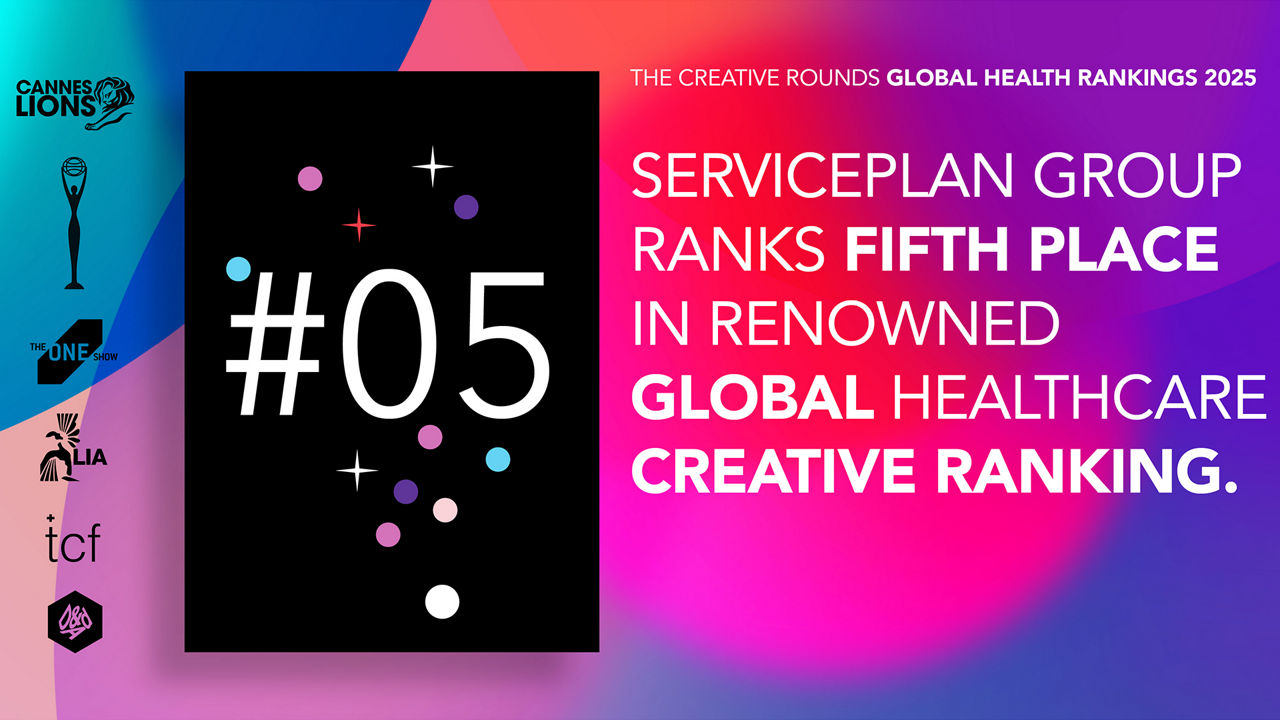 Serviceplan Group ranks 5th in the Creative Rounds Global Health Rankings 2025. The graphic highlights the agency’s position in the global healthcare creative ranking, which aggregates results from major award shows including Cannes Lions, The One Show, LIA, D&AD and The Creative Floor.