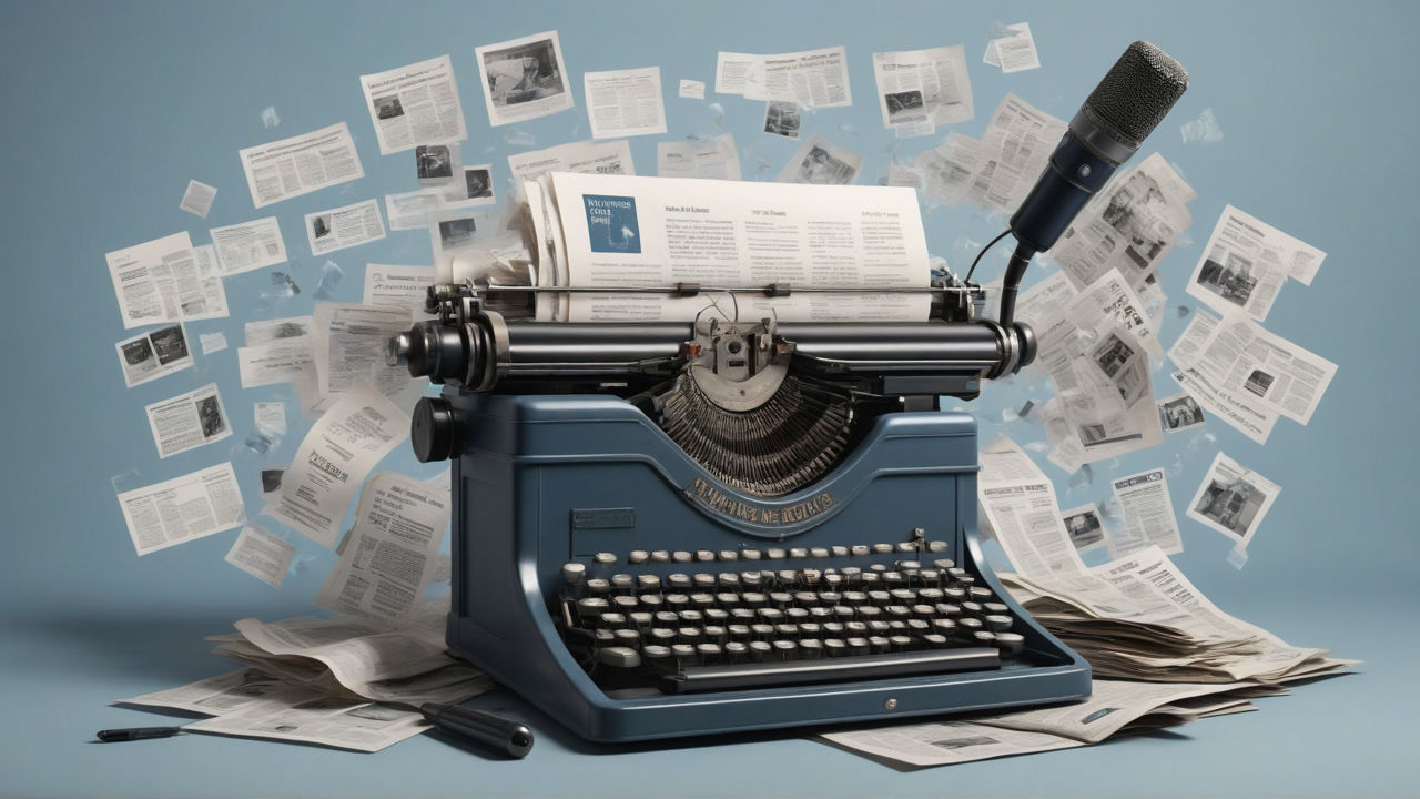 Symbolische Darstellung klassischer und moderner Pressearbeit – Schreibmaschine, Mikrofon und verstreute Zeitungsseiten..