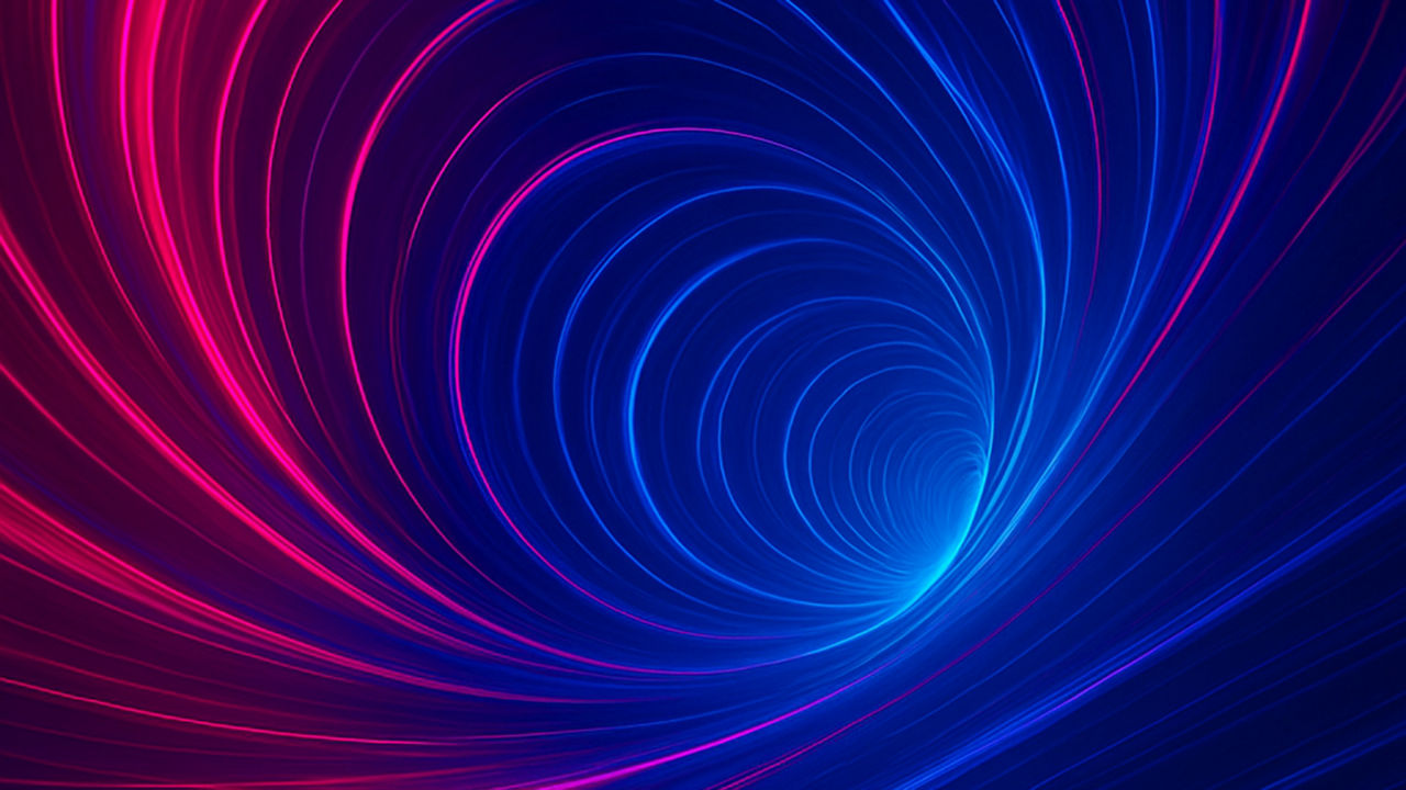 Abstract digital illustration in vibrant colors. Blue and pink light trails spiral into the depth, creating the impression of a tunnel made of light. The image conveys a sense of motion, energy, and dynamism.