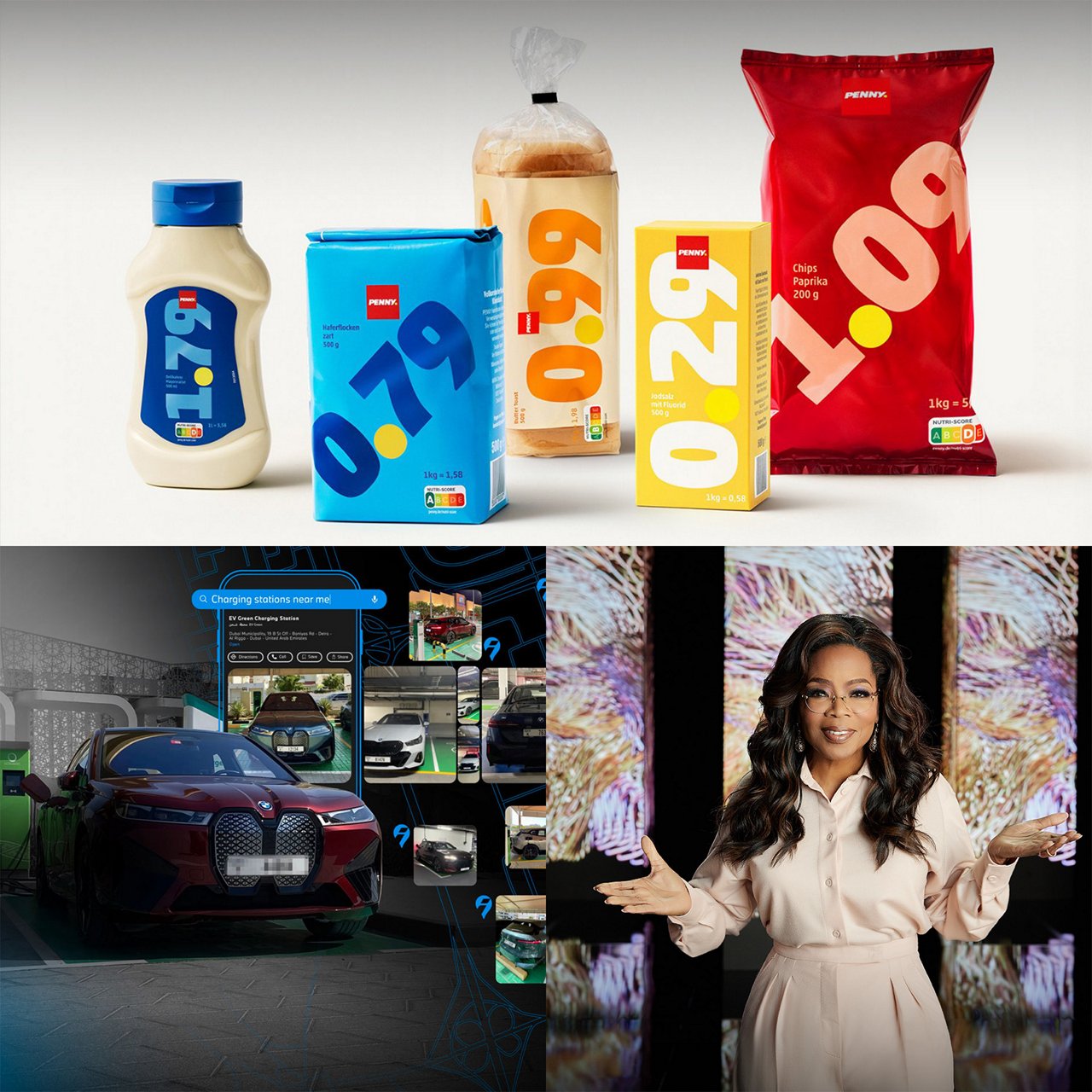 Collage of three images. The top image shows various food products with prominent price labels: a bottle of mayonnaise, a pack of flour, a loaf of toast bread, a box of cookies, and a large bag of chips. The bottom left image shows a red car in front of a digital interface, including symbols and a search for charging stations. The bottom right image features a woman with long hair and glasses in a light-colored dress, standing in front of an abstract background with her arms slightly spread.