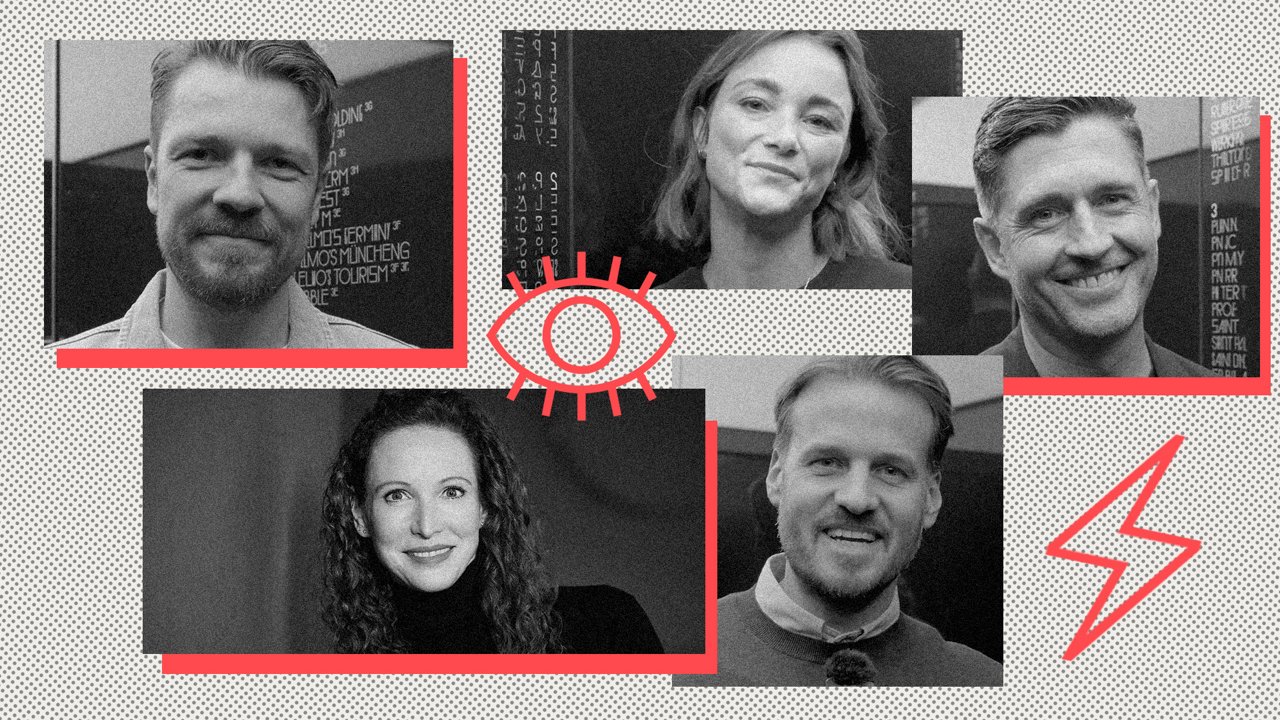 Schwarz-weiße Collage aus fünf Porträtfotos von Personen vor einem gemusterten Hintergrund mit roten grafischen Elementen wie einem Auge und einem Blitz.