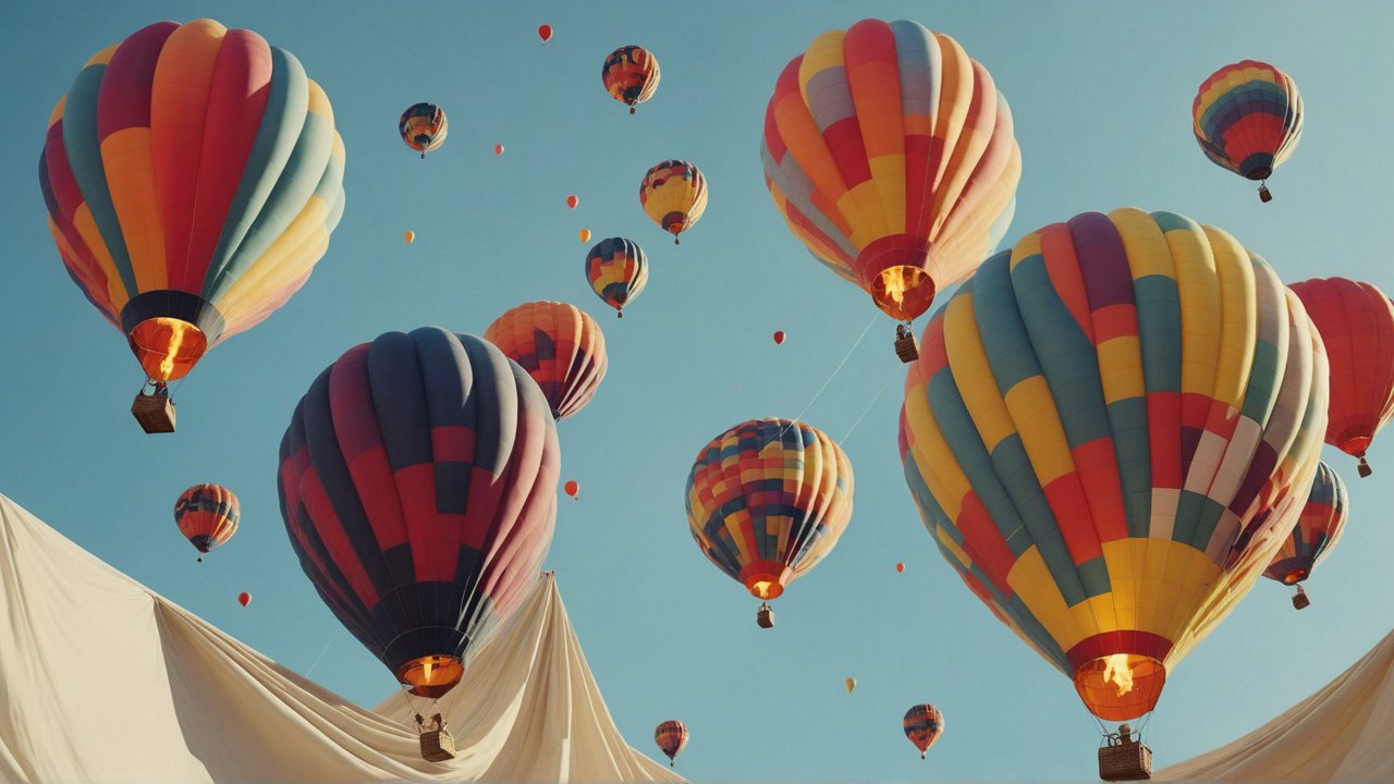 Several hot air balloons in various colors and patterns are ascending into the sky. In the foreground, large balloons with red, yellow, and blue striped envelopes are visible, with two baskets carrying people above white fabric sheets. In the background, more smaller balloons float against a clear blue sky.
