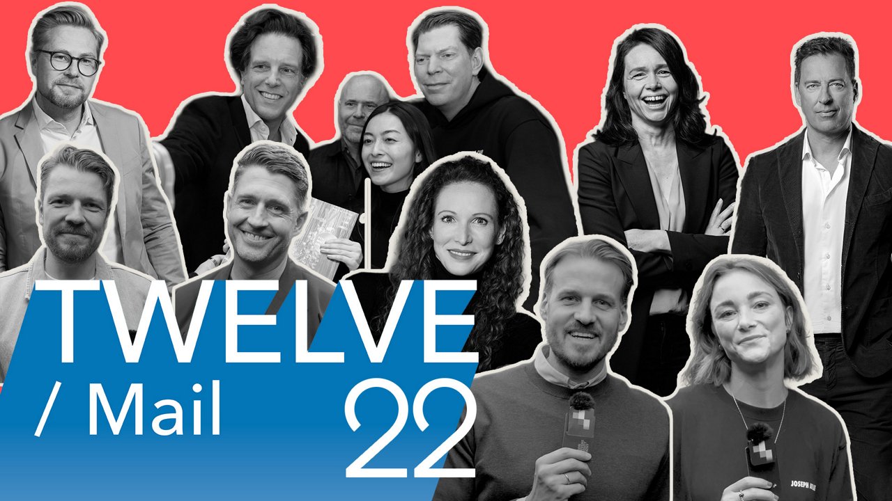 Collage of several black-and-white portraits of people on a red background with a blue banner displaying the text “TWELVE / Mail 22.”