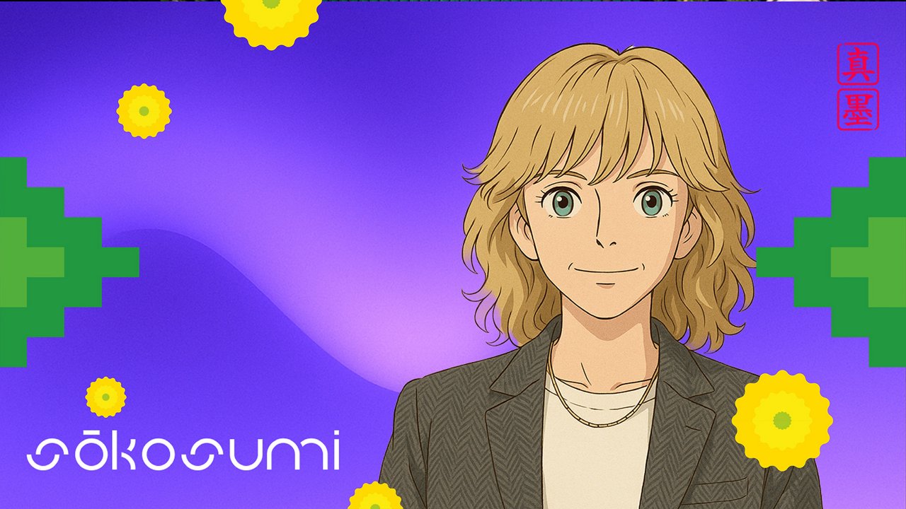 Digital anime-style illustration of Nina Matzat with medium-length blond hair and green eyes. She is wearing a gray jacket over a light-colored top and a necklace. The background shows a gradient of purple and violet tones with soft shapes. In the lower left corner, the white text “SOKOSUMI” is visible, and in the upper right corner, there is a red seal with Asian characters.