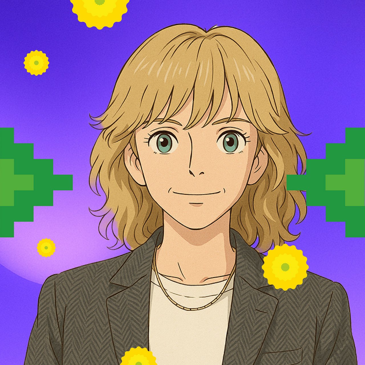 Digital anime-style illustration of Nina Matzat with medium-length blond hair and green eyes. She is wearing a gray jacket over a light-colored top and a necklace. The background shows a gradient of purple and violet tones with soft shapes. In the lower left corner, the white text “SOKOSUMI” is visible, and in the upper right corner, there is a red seal with Asian characters.