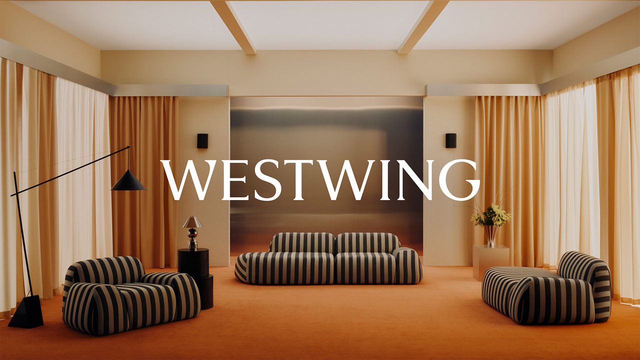 Modern living room interior in warm beige and orange tones, featuring striped upholstered furniture, floor-to-ceiling curtains, and a large WESTWING logo centered in the image.