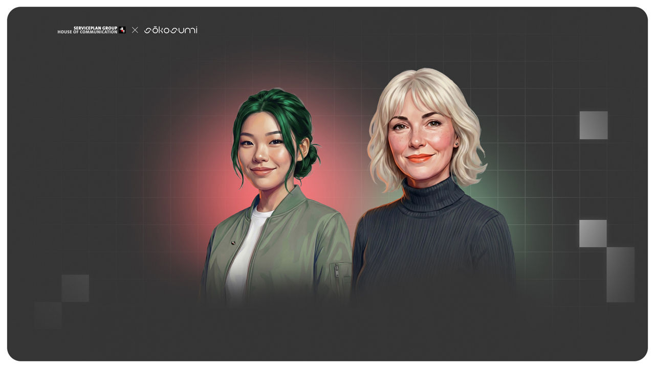 Two stylized, female-presenting AI avatars (Hannah and Elena) against a dark background; in the upper left corner the logos of Serviceplan Group / House of Communication and Sokosumi.