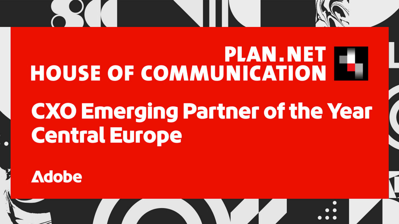 Red award graphic with the House of Communication / Plan.Net branding and text reading CXO Emerging Partner of the Year Central Europe – Adobe.