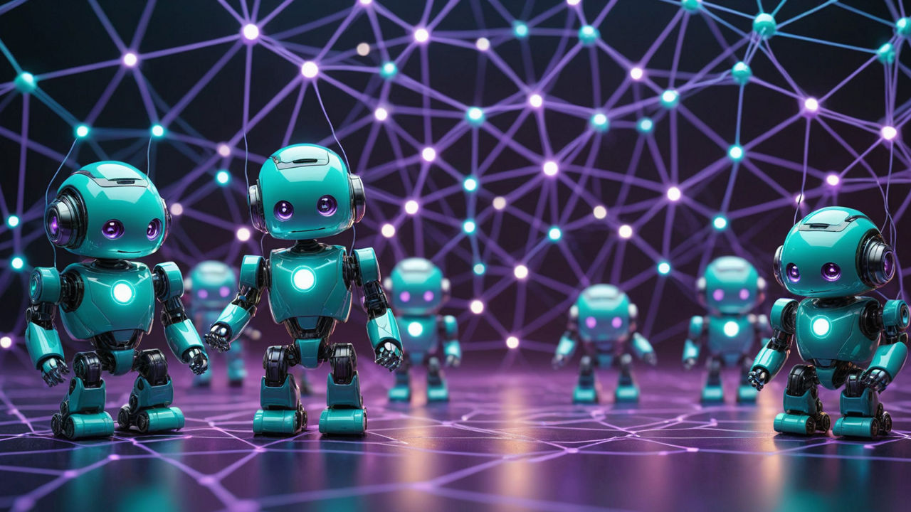 Mehrere kleine, glänzende, türkisfarbene Roboter mit leuchtenden Augen stehen auf einem futuristischen Boden. Hinter ihnen verläuft ein Netzwerk aus hellen, verbundenen Lichtpunkten.