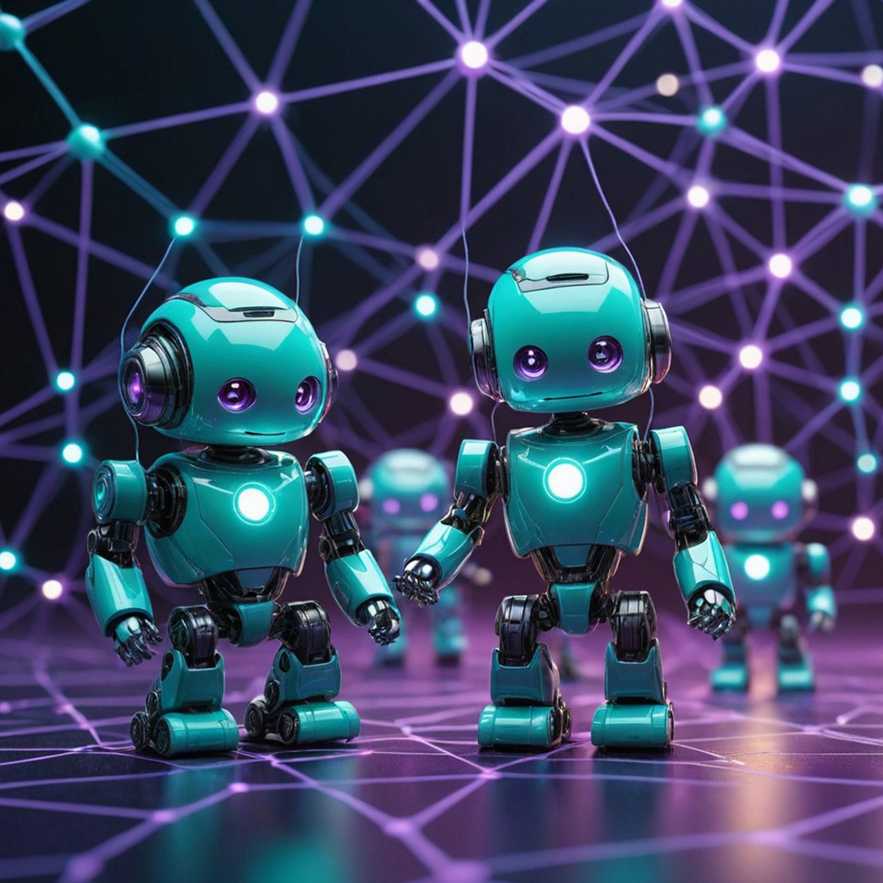 Mehrere kleine, glänzende, türkisfarbene Roboter mit leuchtenden Augen stehen auf einem futuristischen Boden. Hinter ihnen verläuft ein Netzwerk aus hellen, verbundenen Lichtpunkten.