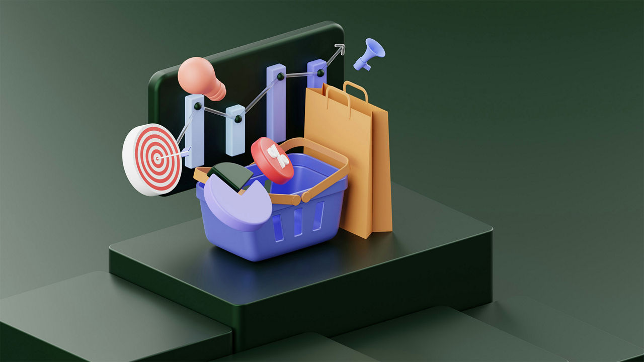 A 3D illustration shows an abstract representation of online shopping and marketing analytics. In the foreground is a blue shopping basket filled with various symbols such as a chart segment, a discount coupon, and a red button with a bow. Next to it is a brown shopping bag. In the background is a black screen with a bar chart and a rising line. A target with an arrow, a light bulb, and a megaphone float next to it. The background is in dark green tones.