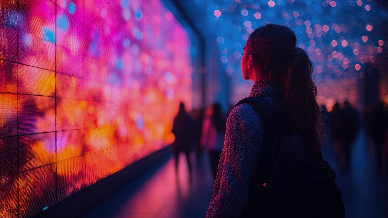 Eine junge Frau mit Pferdeschwanz steht in einem modernen, futuristisch beleuchteten Raum vor einer großflächigen, bunten digitalen LED-Wand mit leuchtenden Rosa-, Blau- und Orangetönen. Im Hintergrund sind mehrere Personen unscharf zu sehen. In der Mitte des Bildes steht der weiße Text: „Bewegtbild Äquivalenz Studie“.