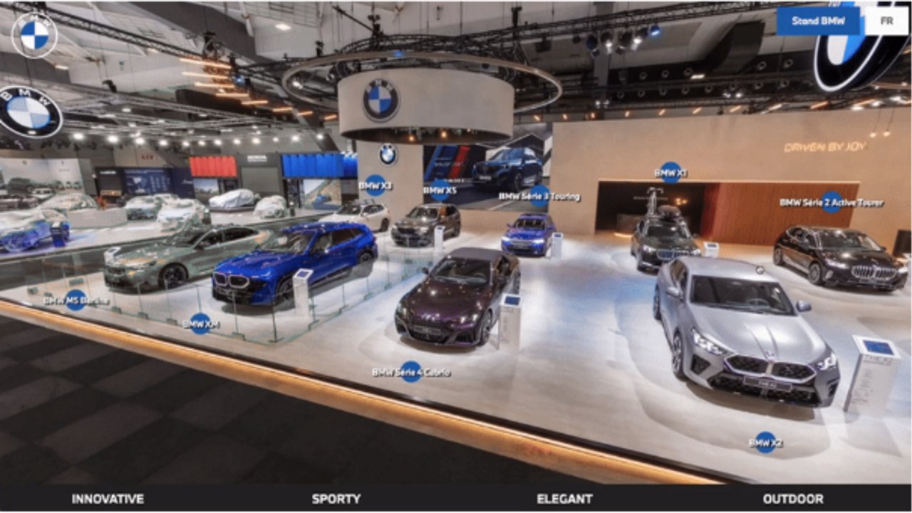 BMW Virtual Tour display of new car models at the 2025 Brussels Motor Show exhibition stand.