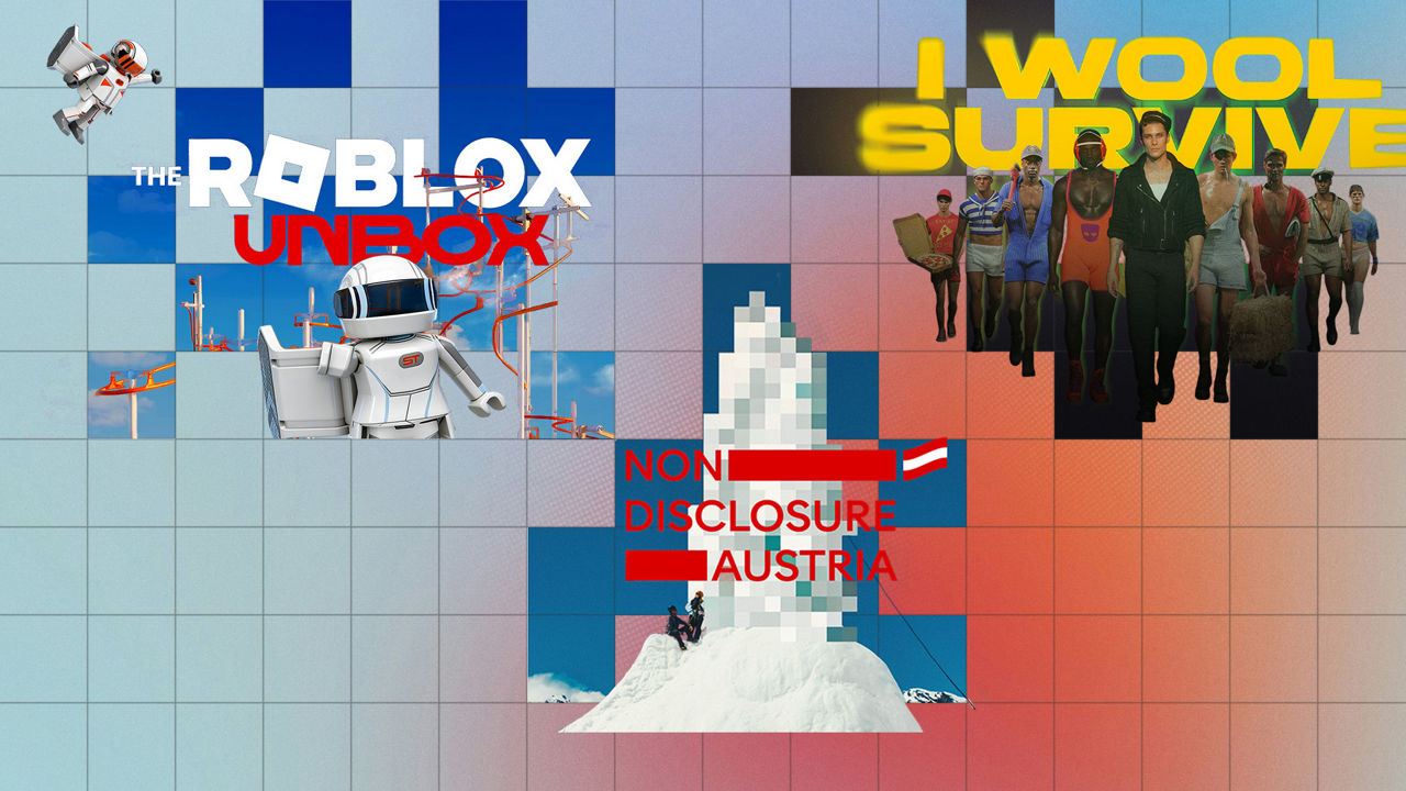 Graphic collage with a tiled background and visuals for “The Roblox Unbox”, “I Wool Survive” and “Non Disclosure Austria”. The image combines digital characters, typography and campaign visuals.