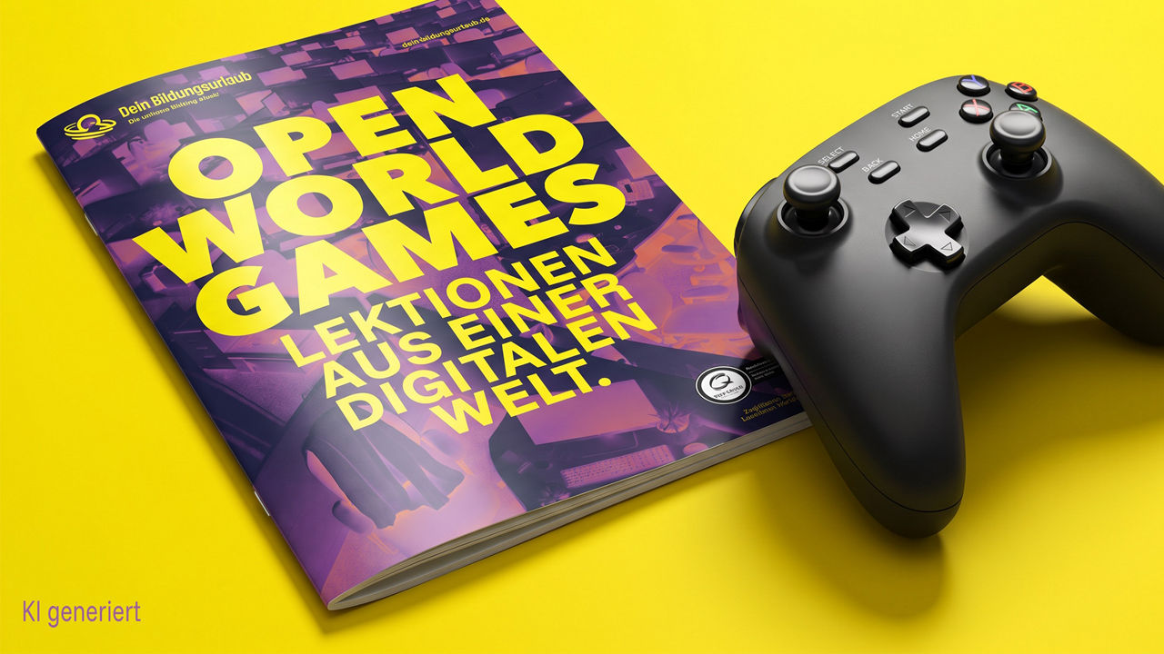 Grafik eines Magazins mit dem Titel „Open Worlds Games“ neben einem schwarzen Game-Controller auf gelbem Hintergrund. Auf dem Cover steht: „Lektionen aus einer digitalen Welt“.