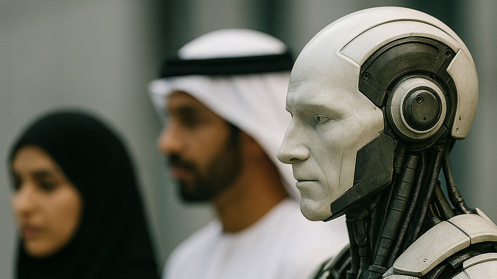 A realistic humanoid robot with a metallic head and mechanical details is shown in sharp focus in the foreground. Behind the robot, slightly out of focus, stand a woman in a black hijab and a man in a white kandura with a black agal, suggesting a Middle Eastern setting. The background is blurred, highlighting the contrast between human tradition and advanced technology.