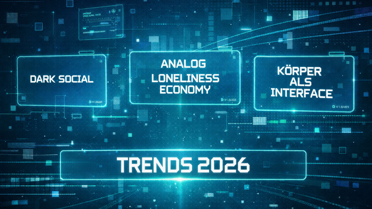 Abstrakte, futuristische Grafik zur Visualisierung zentraler Trends 2026 zwischen digitaler und analoger Interaktion.