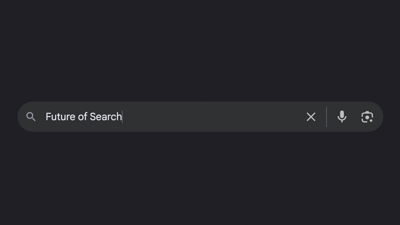 A minimalist search bar appears on a black background. A magnifying glass icon is visible on the left, followed by the typed text “Future of Search” in white letters.