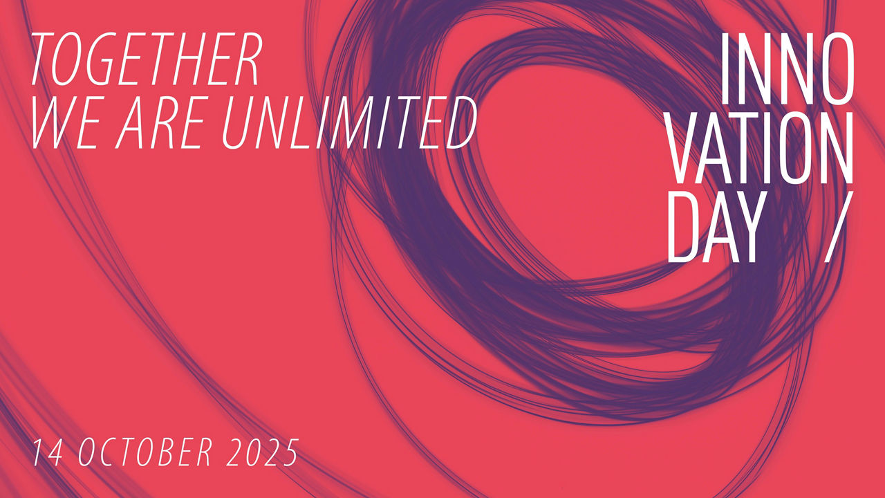 Graphic event visual in red with curved purple lines. Top left in white lettering: “TOGETHER WE ARE UNLIMITED”. Right, large and vertical: “INNOVATION DAY /”. Bottom left, the date: “14 October 2025”.