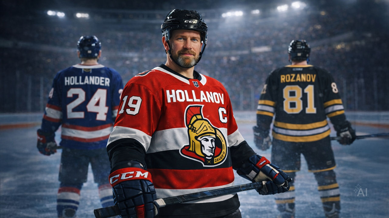 An ice hockey player (Alex Turtschan) in a red jersey with the name “Hollanov” and number 19 stands in the foreground on the ice. He wears a helmet and holds a hockey stick. In the background, two other players in blue and black jerseys with the names “Hollander” and “Rozanov” are visible. The stadium is filled with spectators.