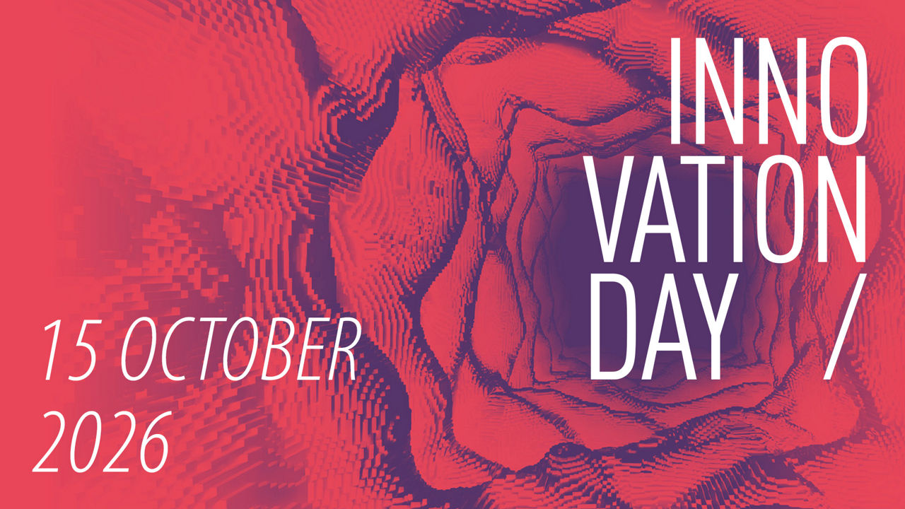 Graphic featuring the text “Innovation Day” and the date “October 15, 2026.” The background shows an abstract, three-dimensional structure in shades of pink and purple with a tunnel-like effect.