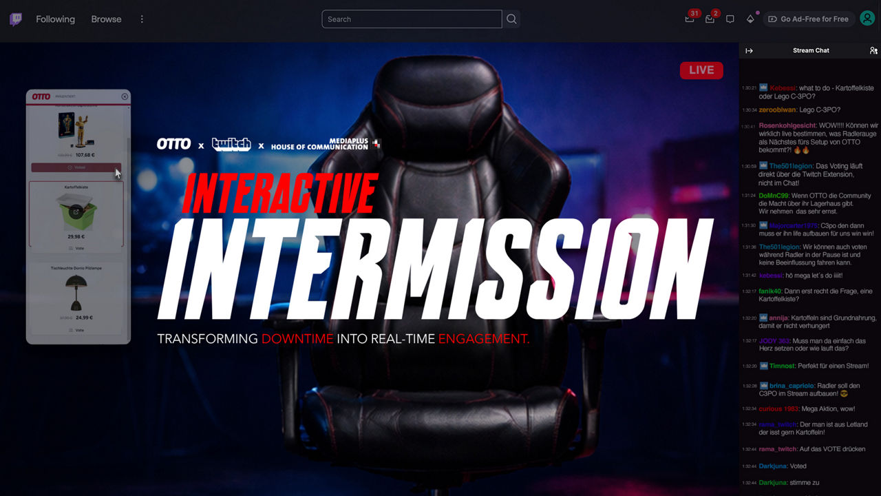Twitch-Streaming-Szene mit Chat und Gaming-Stuhl im Zentrum, darüber der Schriftzug „Interactive Intermission“ sowie Hinweise auf interaktive Beteiligung während einer Pause.