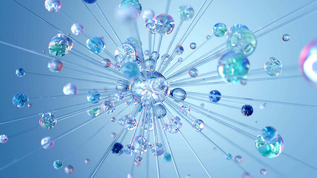 Abstract 3D visualization of a digital network composed of transparent spheres and connecting lines, symbolizing data flows, connectivity, and technological innovation.