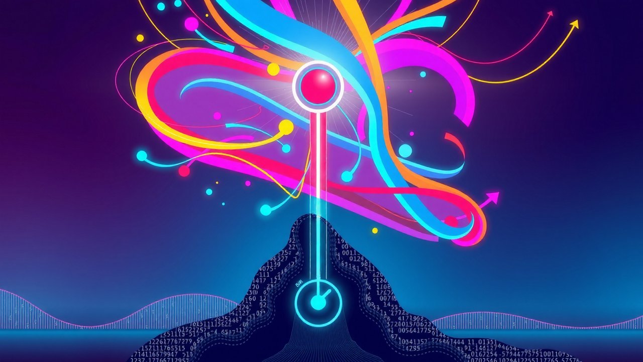 The image is abstract and depicts a central sphere emitting colorful light bands and lines in all directions, with a mountain of binary numbers in the foreground, symbolizing the connection between technology and creativity.