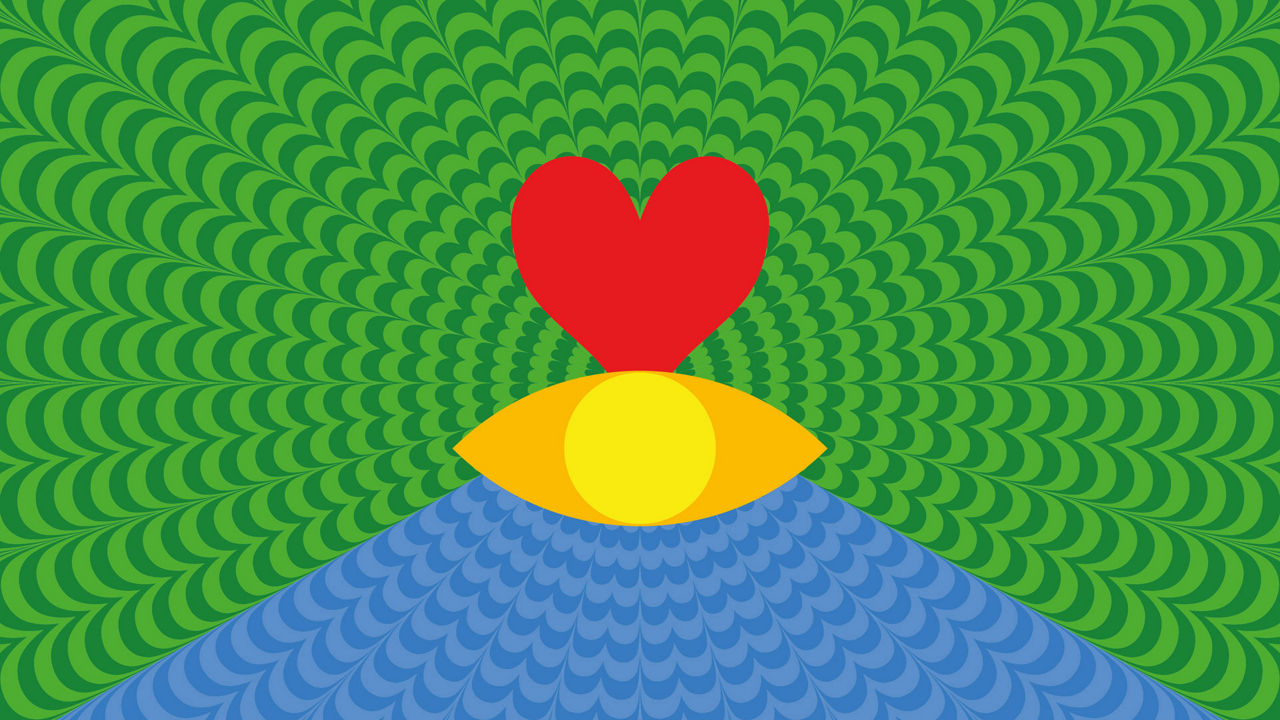 Design by Yinka Ilori: Abstract graphic with colourful, curved lines and shapes emanating from a central point, surrounded by numbers and digital elements on a dark background.