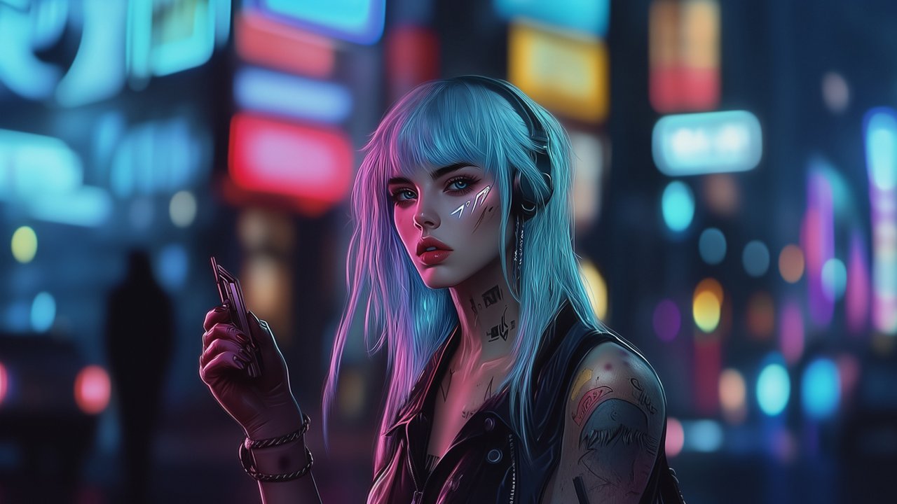 Illustration of a young woman with long, light blue hair and futuristic tattoos on her face and body. She wears a black leather outfit, headphones, and holds a small electronic device in her hand. The background features a nighttime futuristic city with colorful, glowing billboards and a blurred effect.