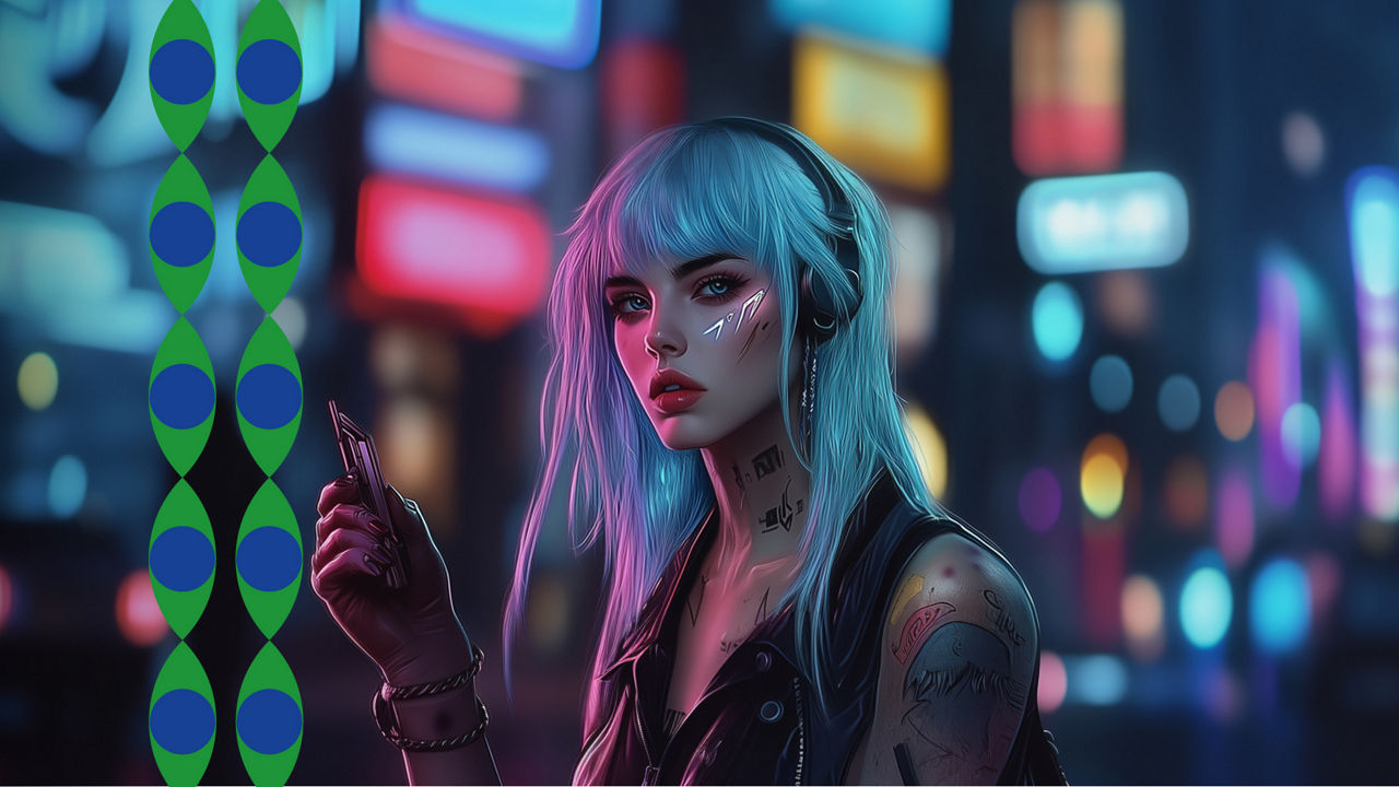 Illustration of a young woman with long, light blue hair and futuristic tattoos on her face and body. She wears a black leather outfit, headphones, and holds a small electronic device in her hand. The background features a nighttime futuristic city with colorful, glowing billboards and a blurred effect.
