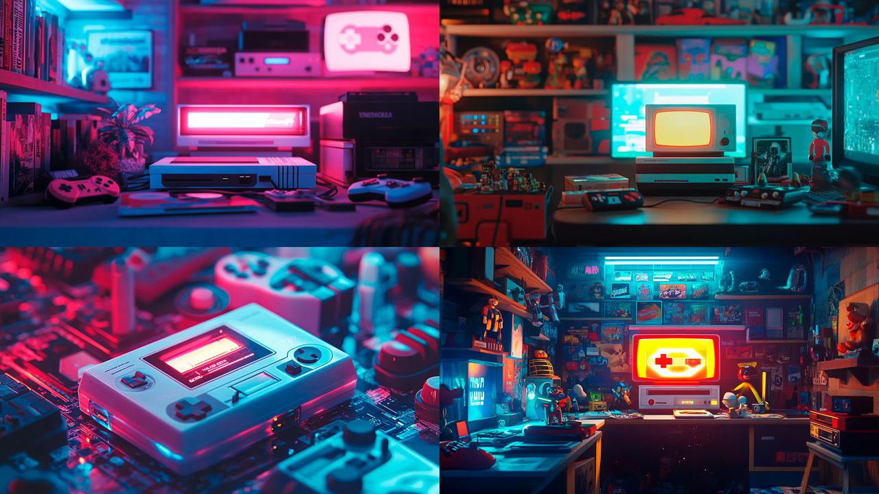 The picture shows a nostalgic gaming scene with retro consoles, controllers, old televisions and colourful lighting in shades of blue and pink, surrounded by shelves full of video games and collectibles.