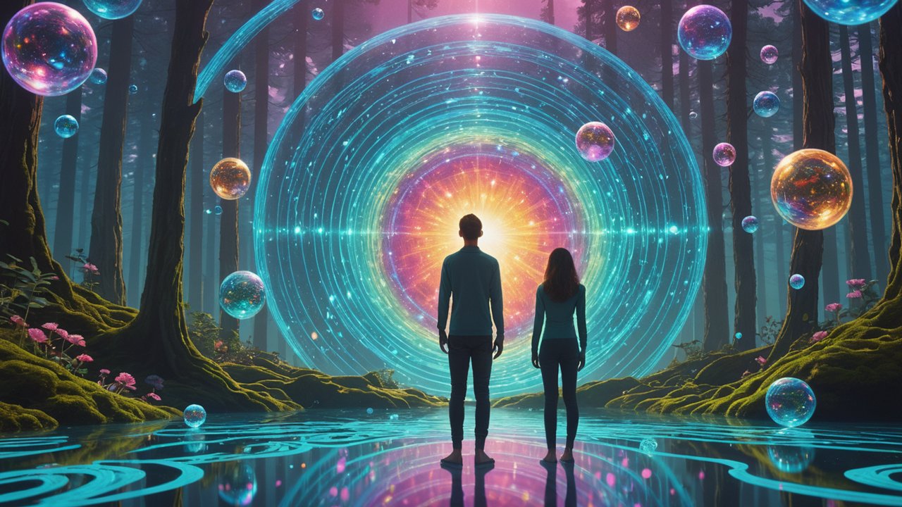 Two people standing infront of a glowing portal of concentric circles in blue, purple, and yellow. They are in a mystical forest with tall trees and floating multicolored orbs.