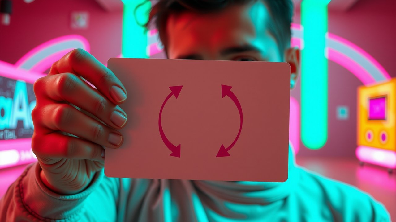 A person holds a Uno Reverse card in front of their face, with only their eyes visible. In the background, colors in pink and light blue glow, creating a playful and dynamic atmosphere.