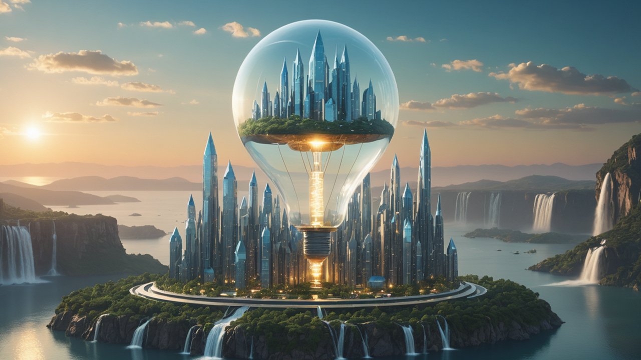 A futuristic city is enclosed within a giant light bulb, floating above greenery. It is surrounded by tall skyscrapers and cascading waterfalls.