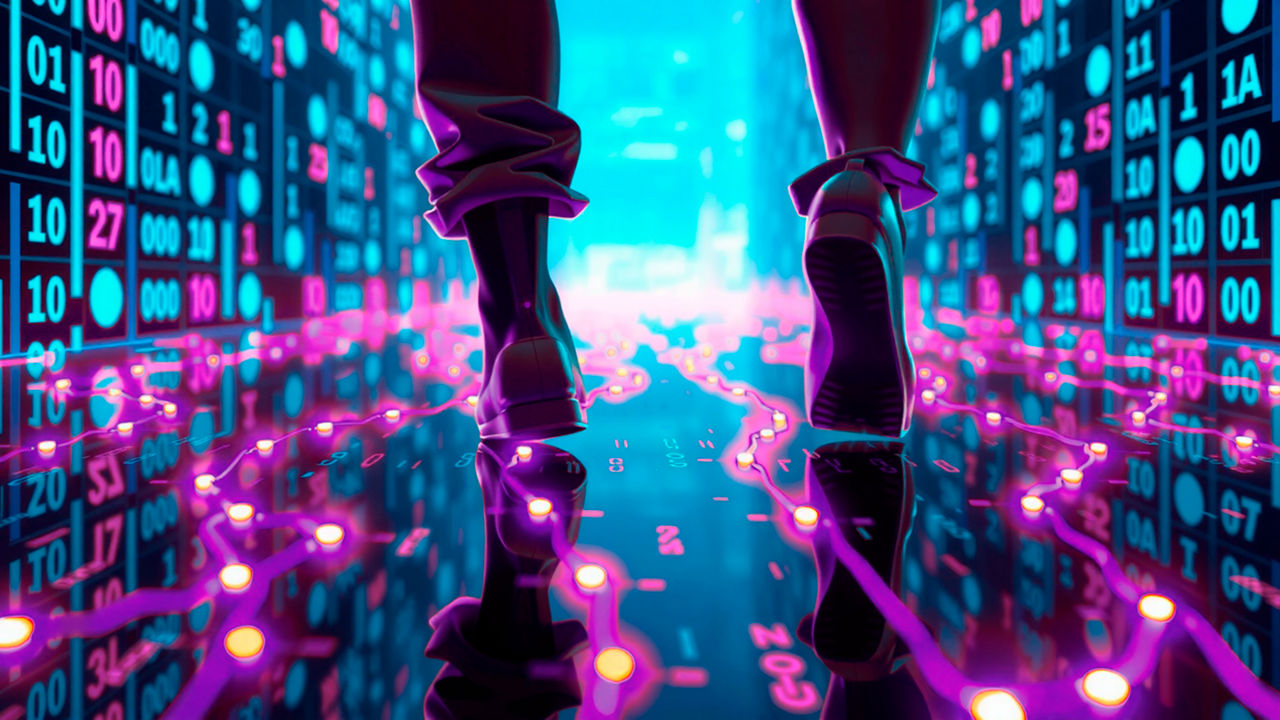 The image shows the legs of a person walking on a shiny surface interspersed with bright pink lines and dots, surrounded by glowing numbers and data in shades of blue and pink, creating a futuristic, digital atmosphere.