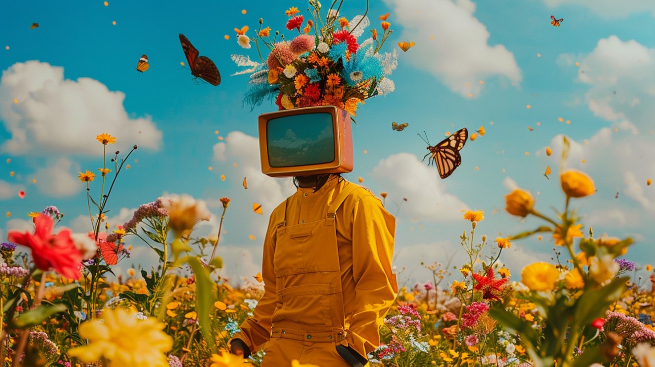 Person with TV head and flowers in a vibrant field with butterflies around.