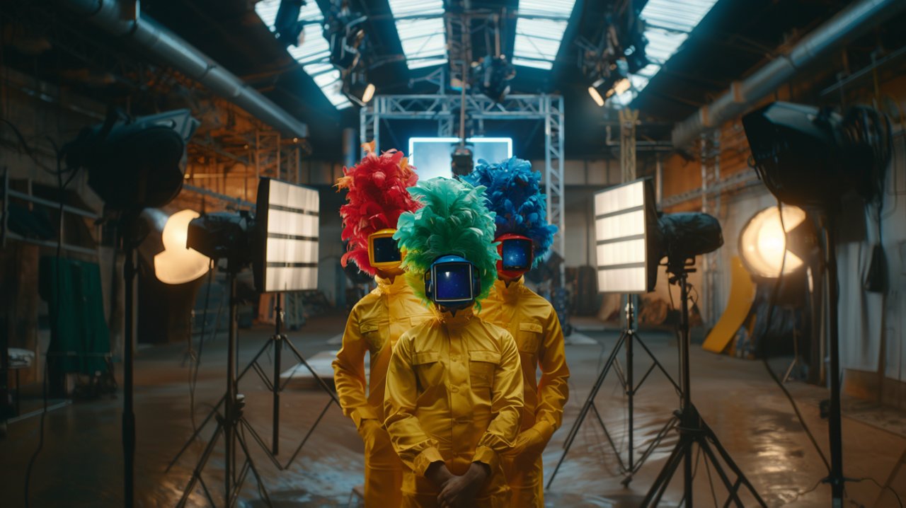 Three people in yellow suits with colorful feathered helmets and futuristic visors, standing in a studio.
