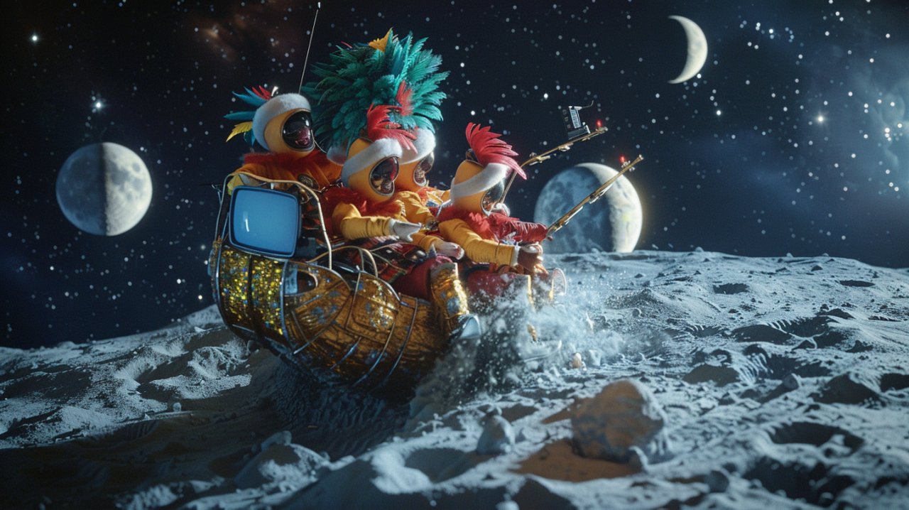 Three astronauts in colorful suits ride a lunar vehicle on the moon with planets in the background.