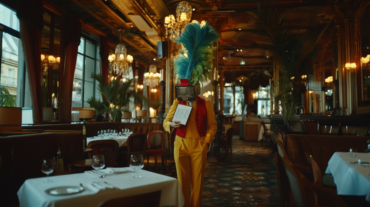 Person with TV head and feather hat holding menu in elegant restaurant.