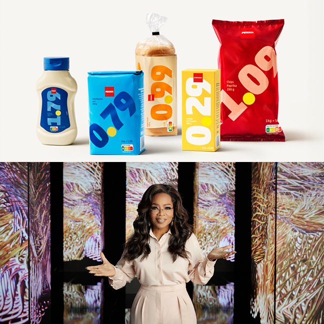 Collage aus zwei Bildern. Oben ist ein Bild mit verschiedenen Lebensmittelprodukten und auffälligen Preisangaben zu sehen: eine Flasche Mayonnaise, ein Paket Mehl, ein Laib Toastbrot, eine Packung Kekse und eine große Tüte Chips. Unten steht eine Frau mit langen Haaren und Brille in einem hellen Kleid vor einem abstrakten Hintergrund, die Arme leicht ausgebreitet.