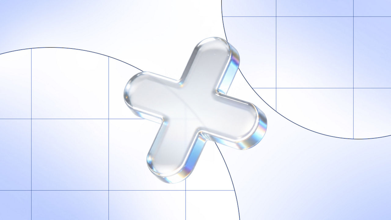 Abstract 3D illustration of a transparent plus symbol with iridescent reflections, set against a light background featuring subtle grid lines and curved shapes in shades of blue and white.