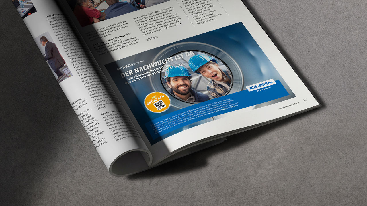 The image shows the Optipress advertising material by Nussbaum, which was created by Serviceplan.